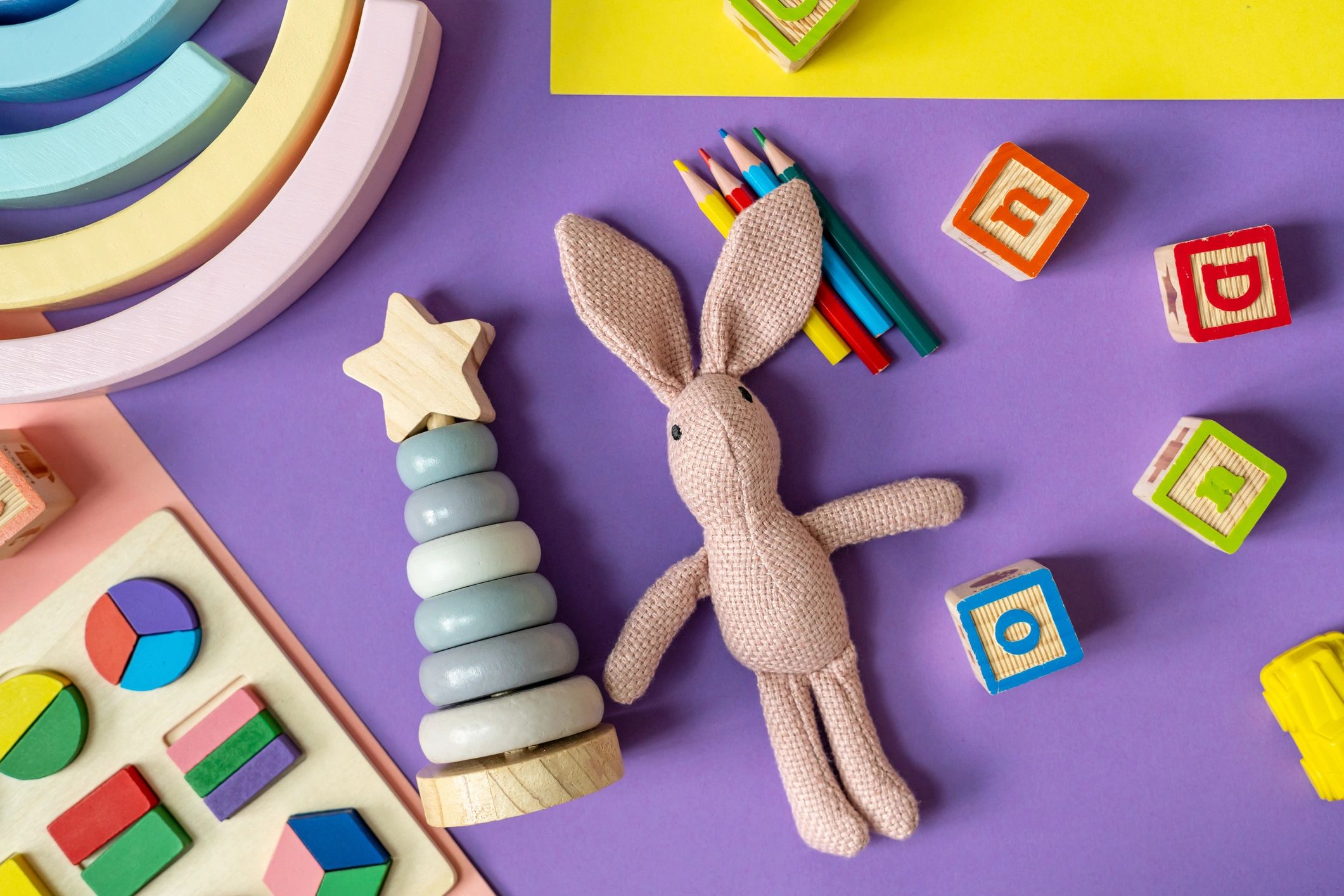 Colorful educational toys arranged neatly