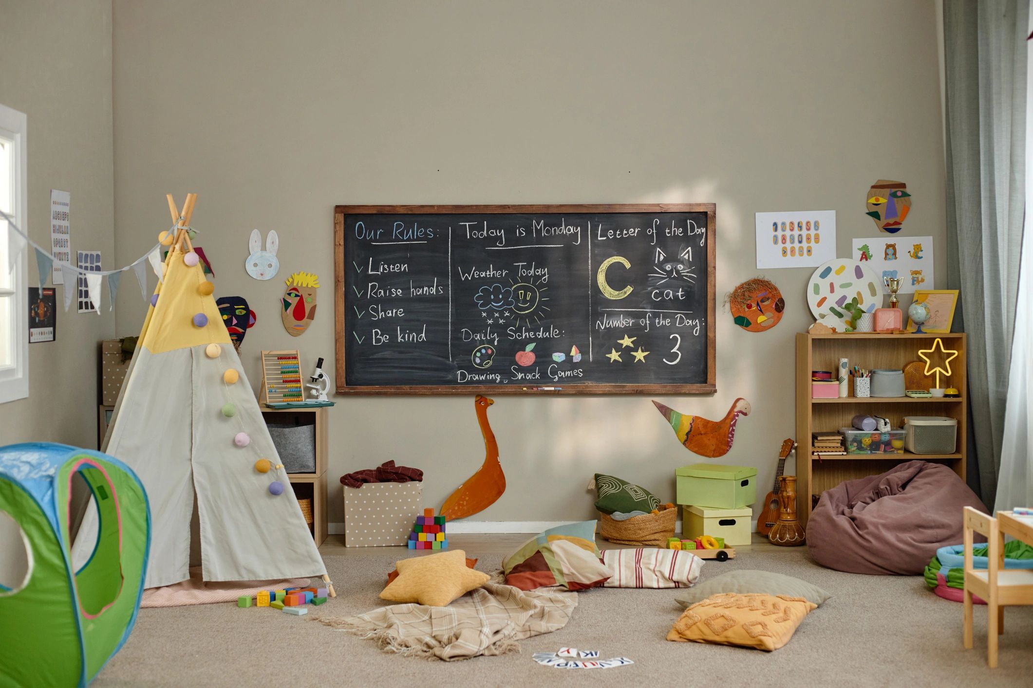 Bright play area with toys and learning decor