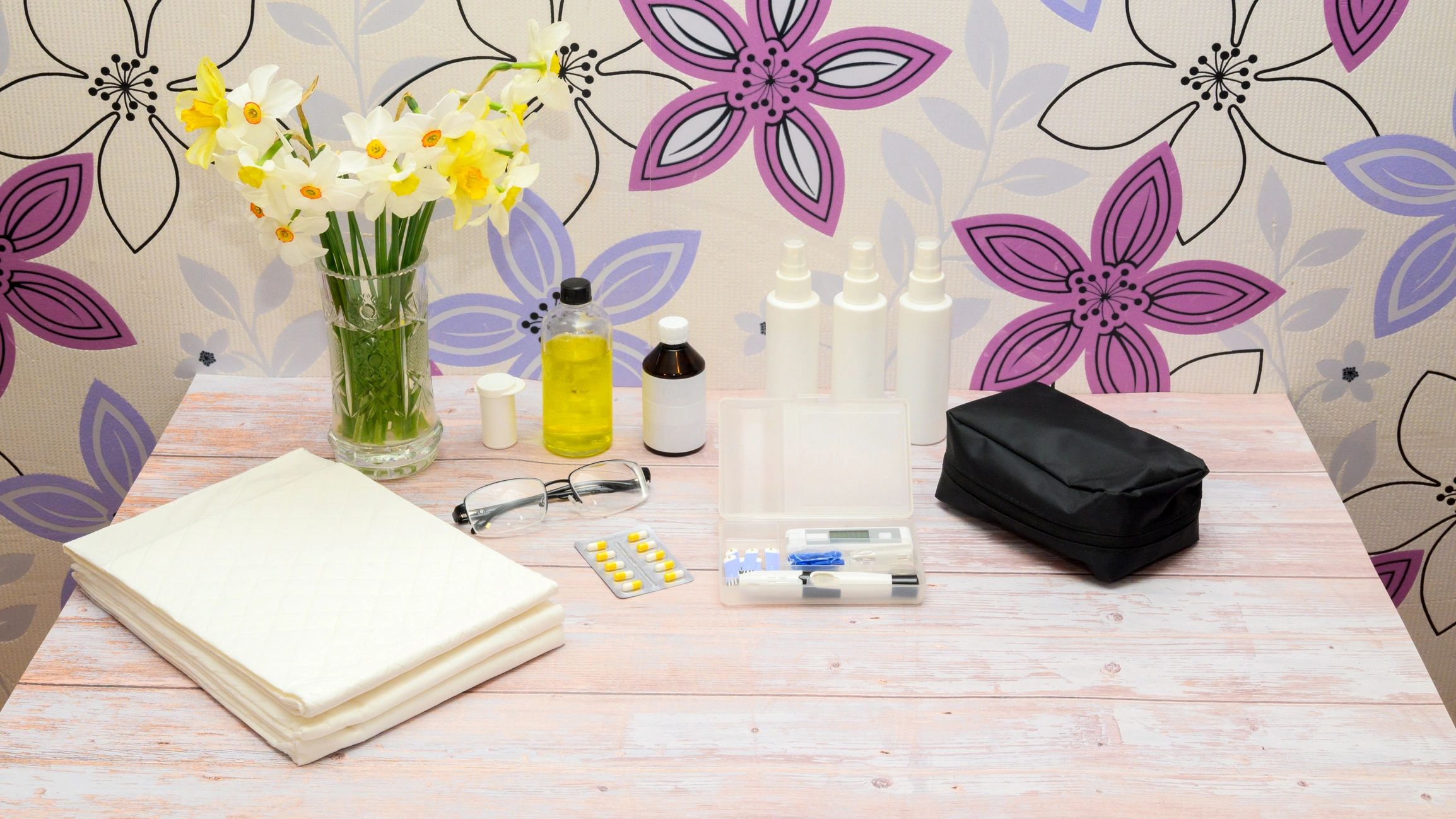 Home care accessories arranged neatly on a table